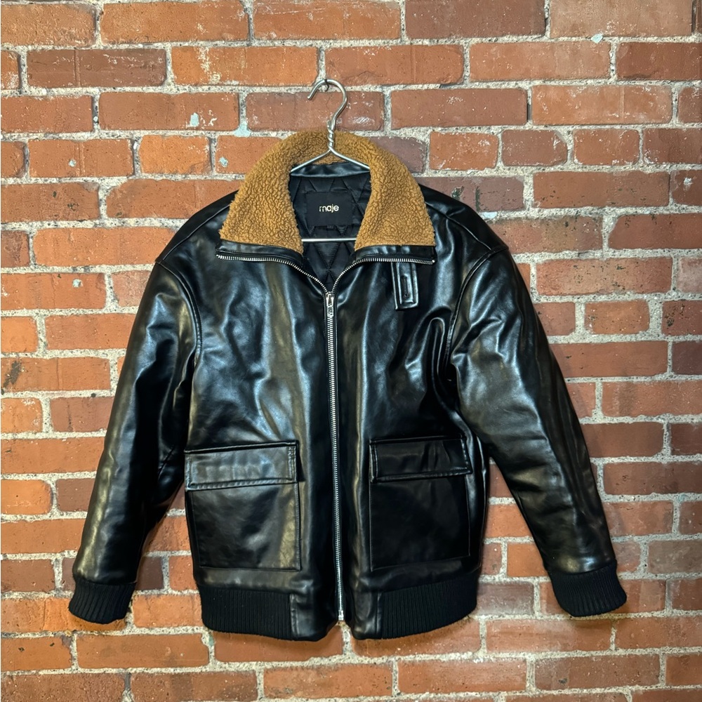 Maje Faux Leather Bomber Jacket with Sheerling